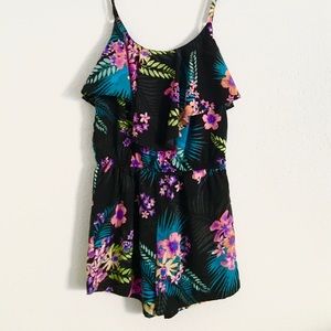 Black Tropical Romper with Ruffles